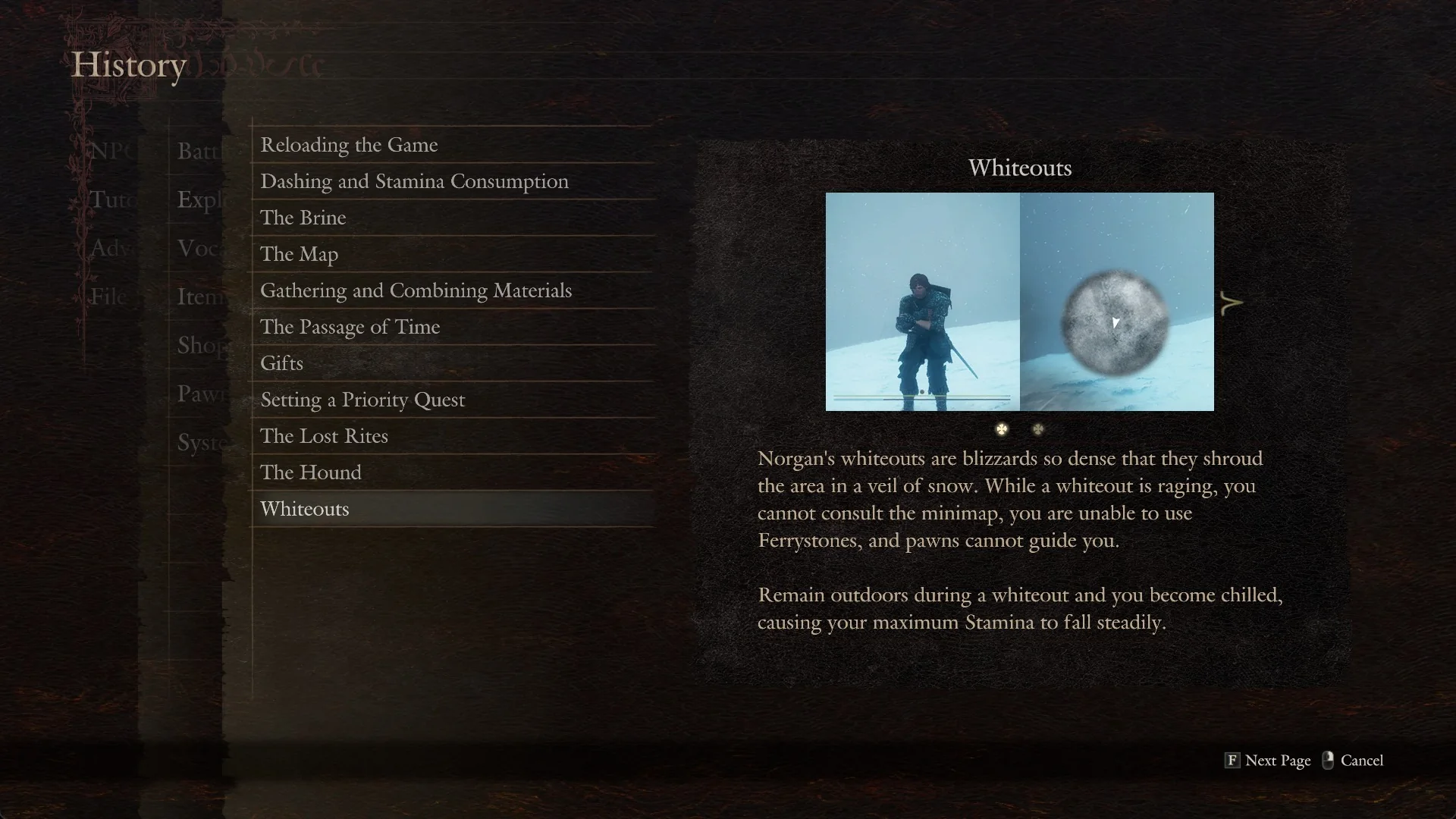 The Whiteouts tutorial page open beside the Exploring list, with a picture, its text, page dots and the Next Page hint