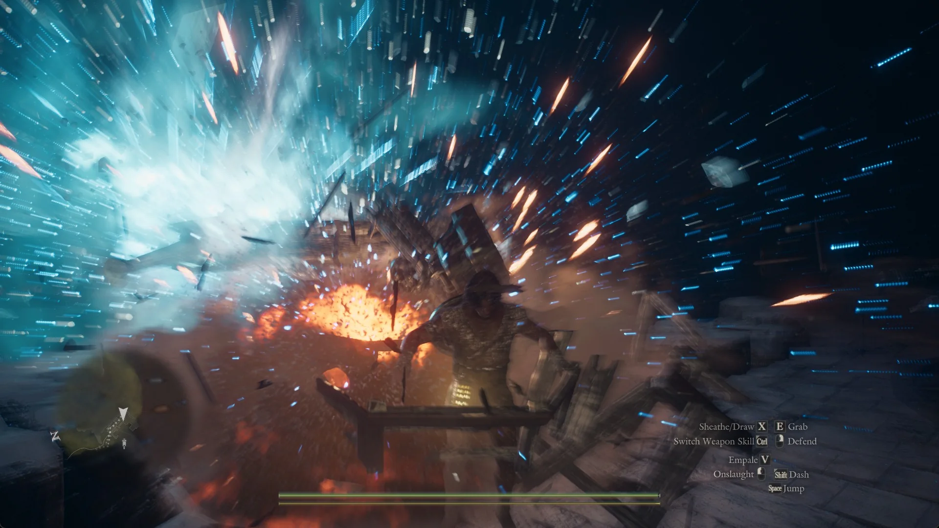 An ice blast exploding into a ballista on its platform in blue shards and orange sparks