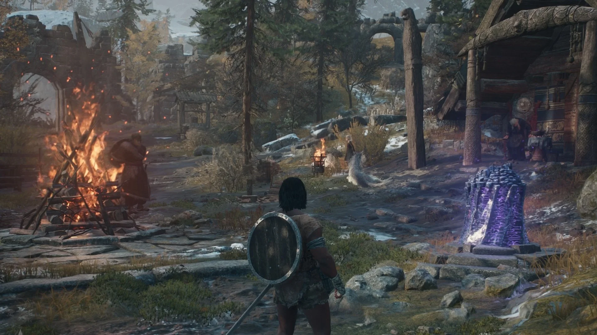The Arisen beside the purple portcrystal and the bonfire in the Norgandian Settlement in Dragon's Dogma 2: Dark Arisen