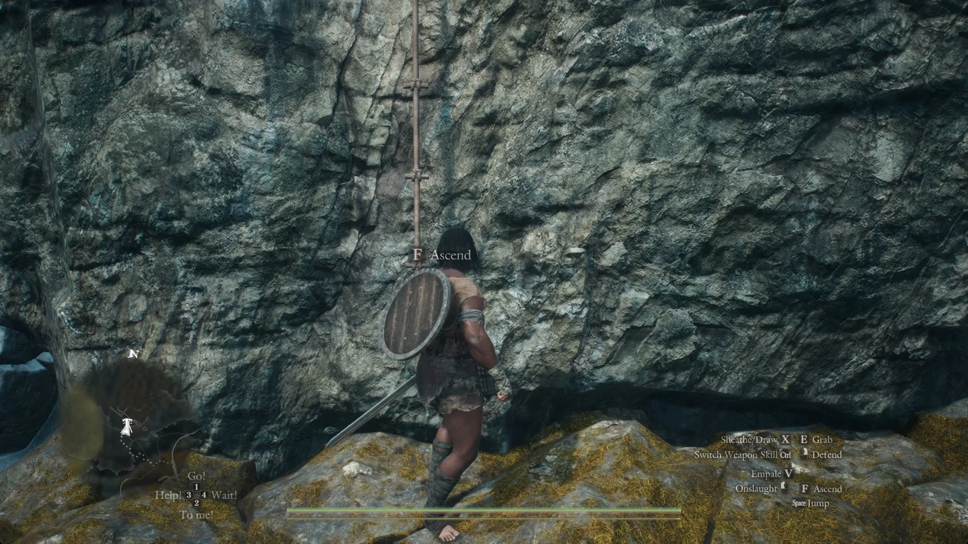 The Arisen at the foot of the rope ladder on the Lake Norgan cliff with the F Ascend prompt beside the rope