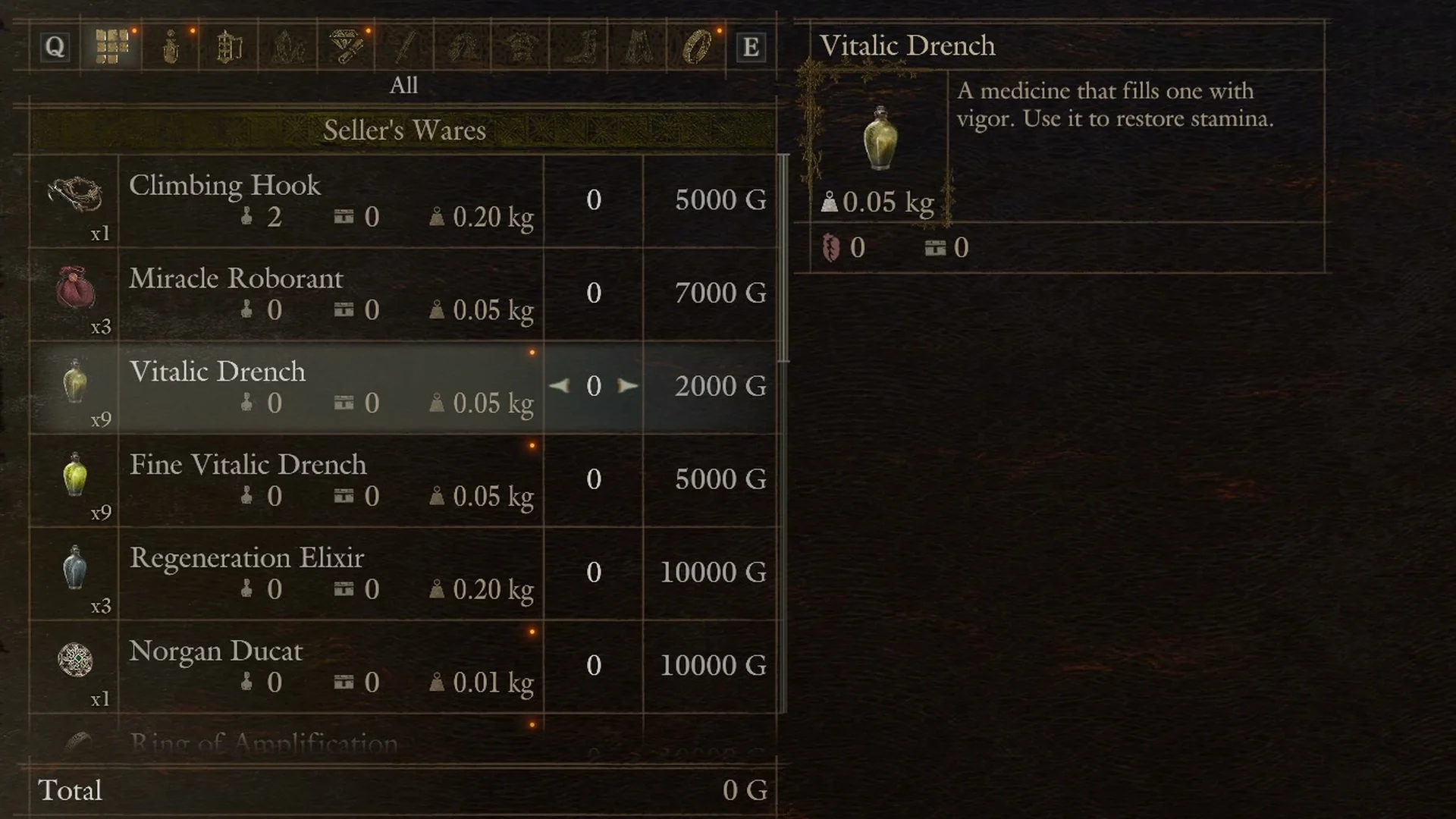 Aymond's Seller's Wares list from Climbing Hook at 5000 G down to Norgan Ducat at 10000 G