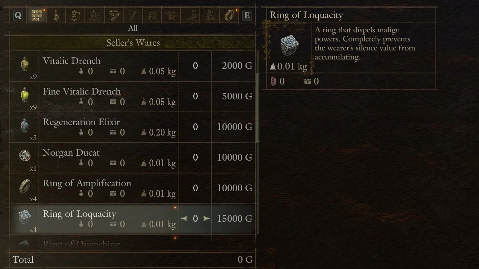 Aymond's Seller's Wares list scrolled down to Ring of Amplification and Ring of Loquacity