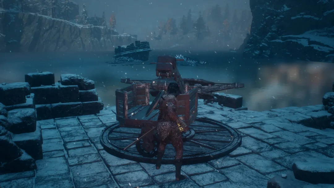 The Arisen beside a ballista on a round paved platform at the Deserted Lakeside Estate, facing Lake Norgan