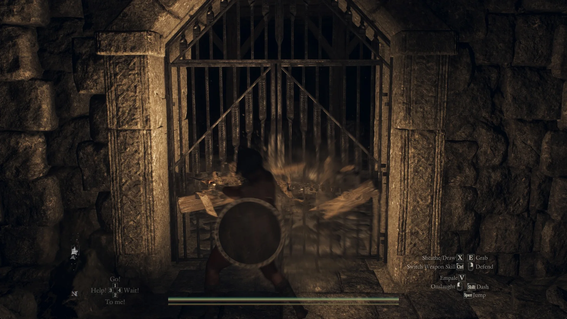 The wooden beam on an iron gate bursting into splinters as the Arisen strikes it with a sword