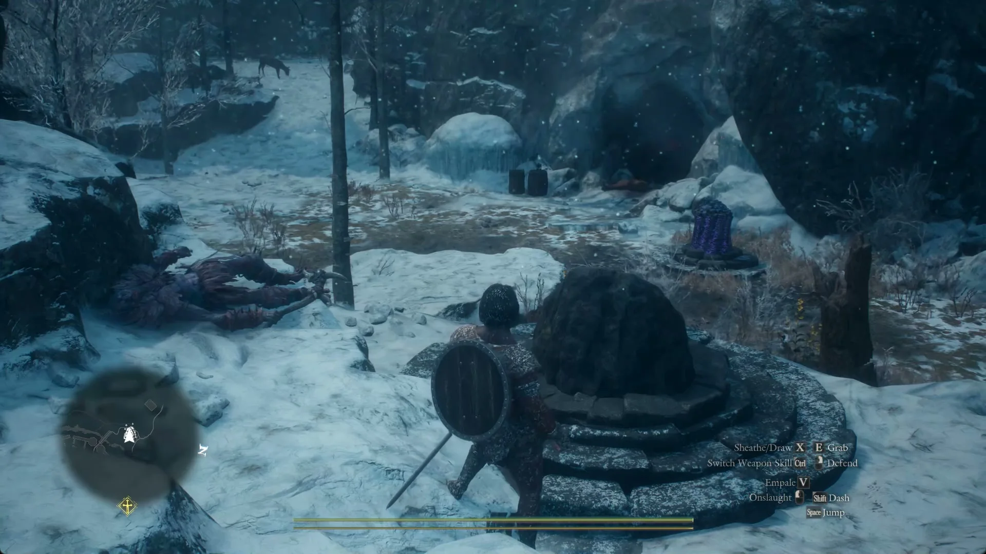 The Arisen standing on the snow beside the low round Mountain Stronghold Riftstone, with no prompt on screen