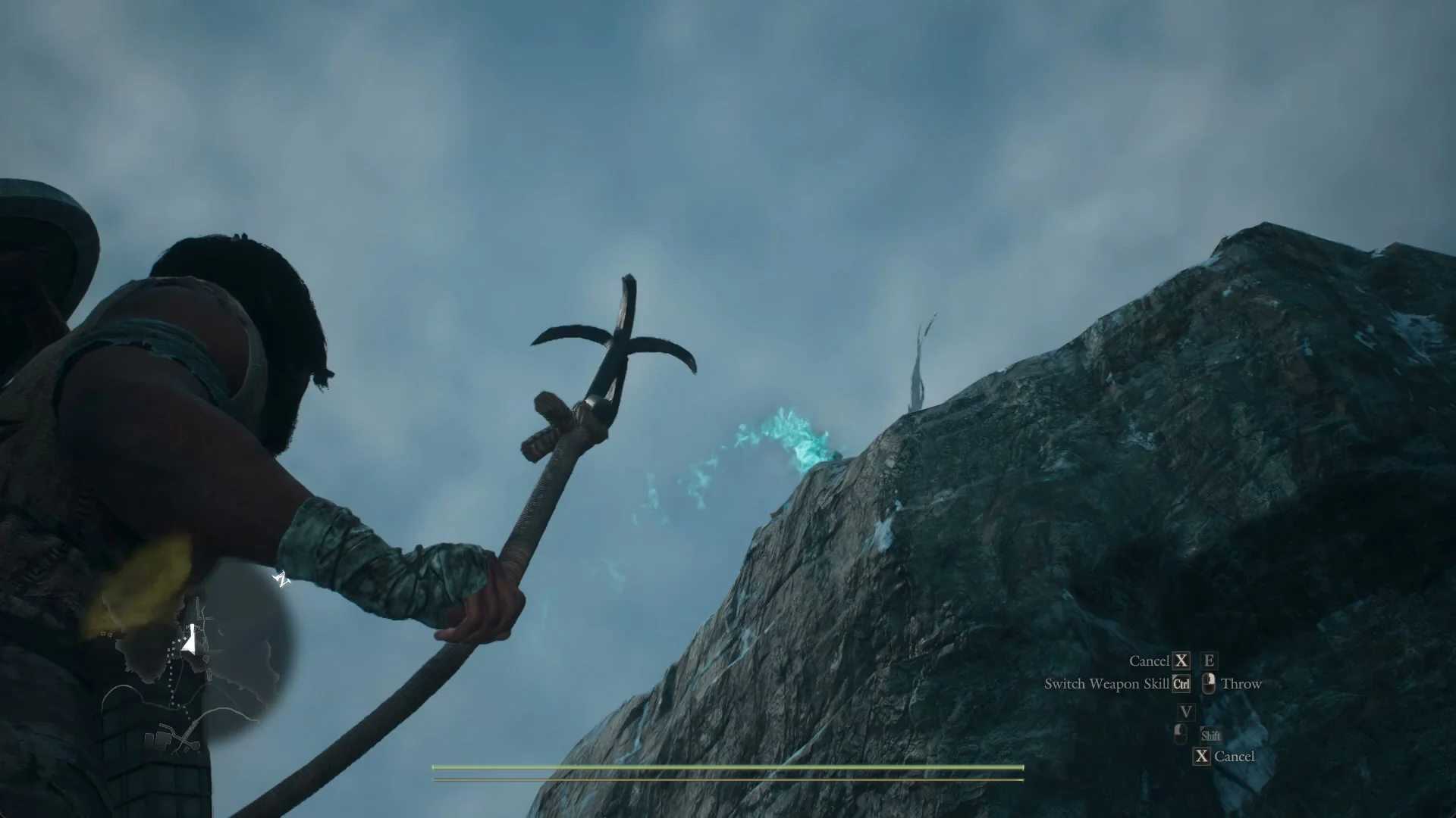 Aim view with the hook raised and the arc glowing blue where it ends on the tether post