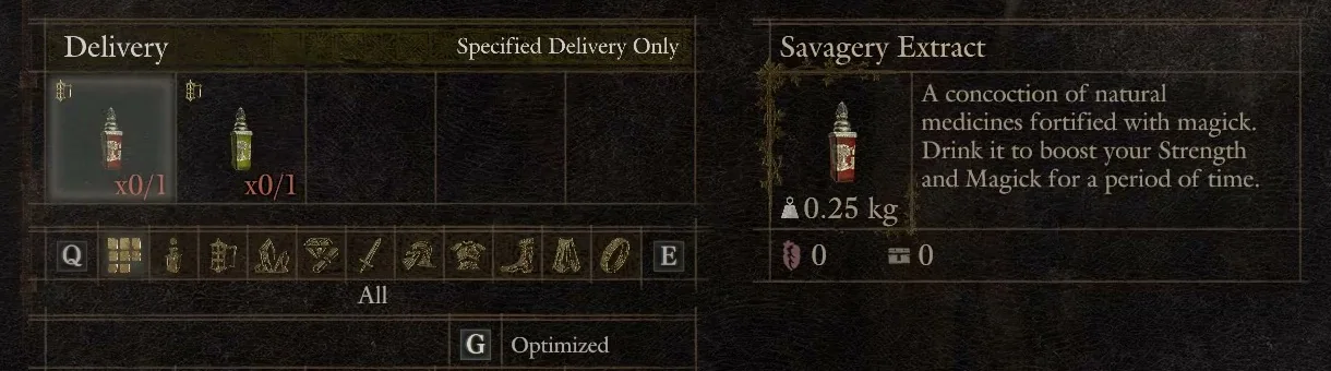 Deliver screen marked Specified Delivery Only with two extract slots at x0/1 and the Savagery Extract description