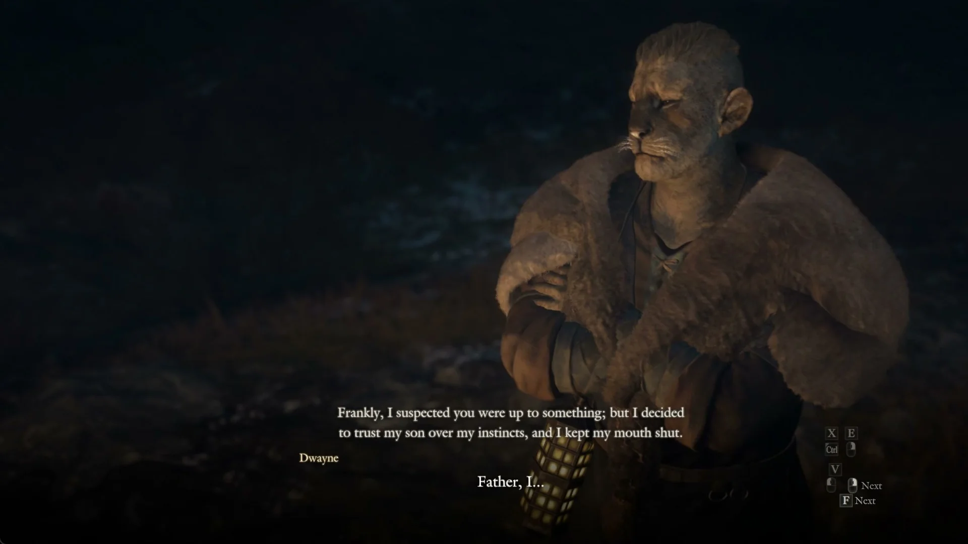 Dorin with his hand at his chin by firelight in the scene after the bout