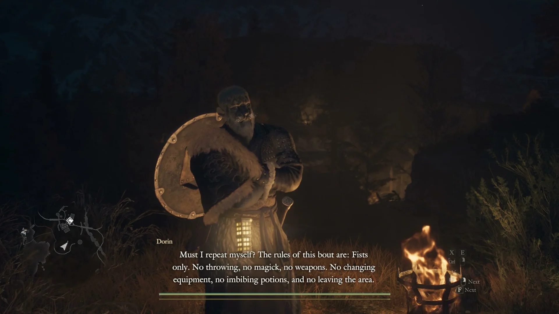 Dorin repeats the rules of the bout beside the brazier after the Arisen left the area