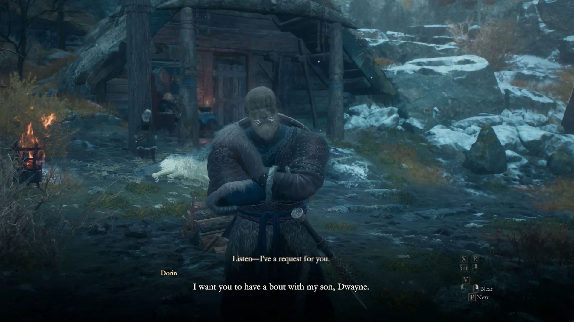 Dorin stands with folded arms outside the Norgandian Inn and asks for a bout with his son Dwayne