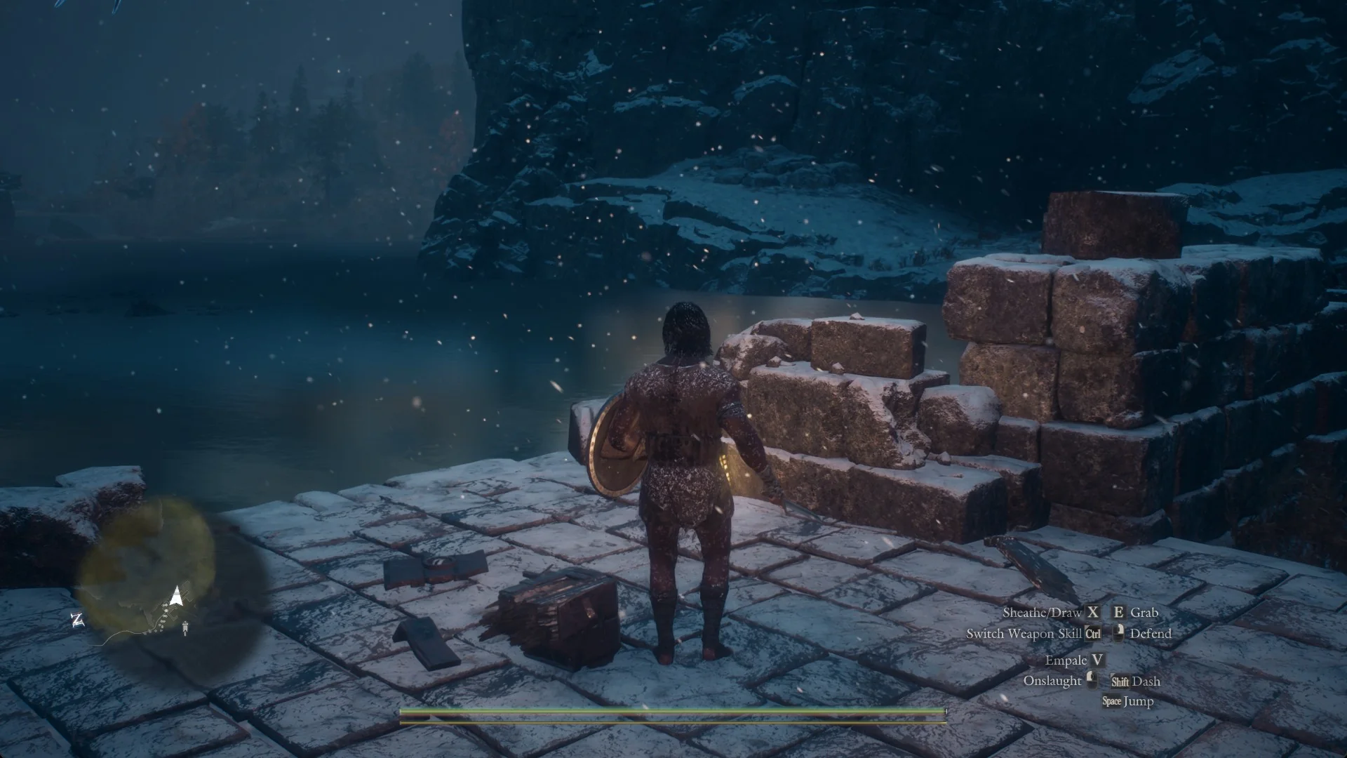 The Arisen standing on a paved platform beside the broken timber of a wrecked ballista