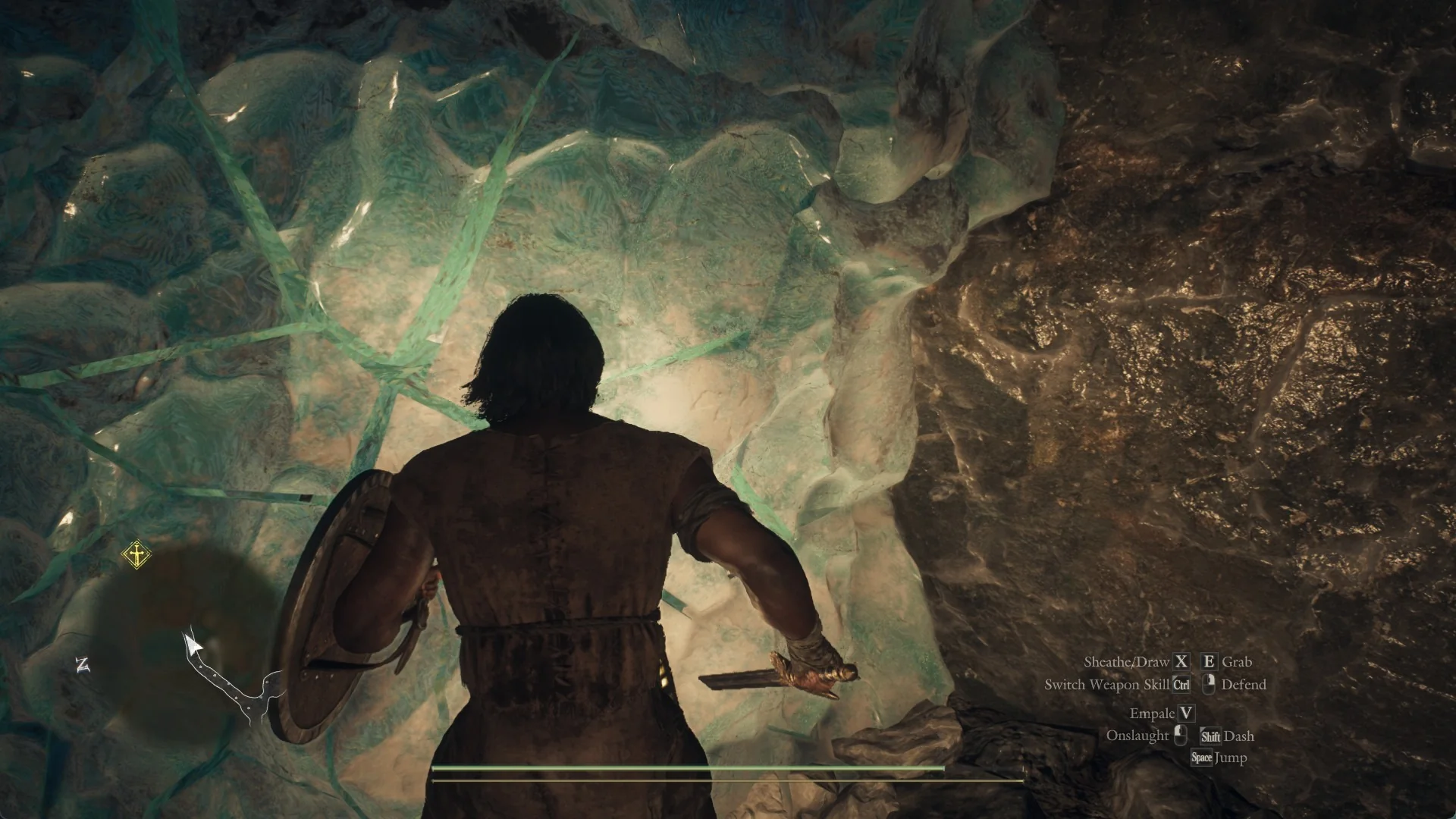 Bright crack lines spread across a mass of blue ice as the Arisen strikes it with a sword