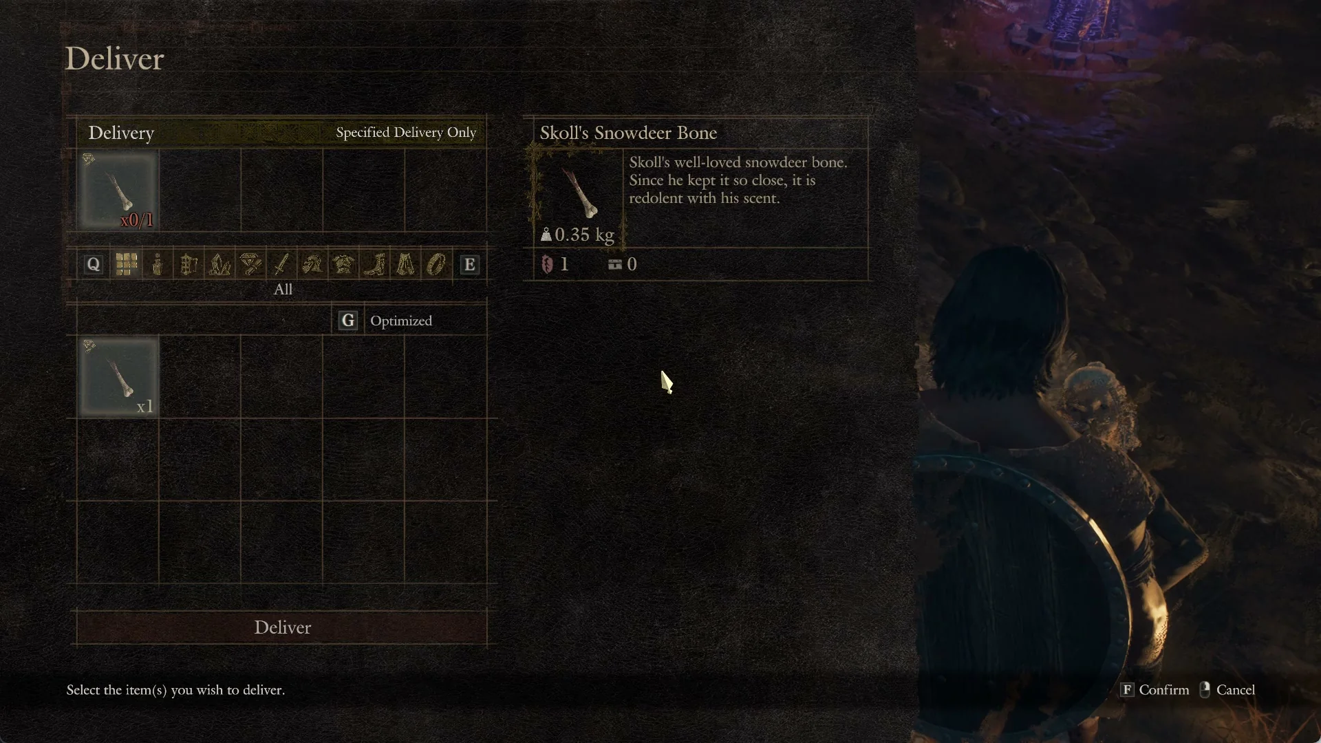 Deliver screen marked Specified Delivery Only with Skoll's Snowdeer Bone, slot at 0/1, and its description