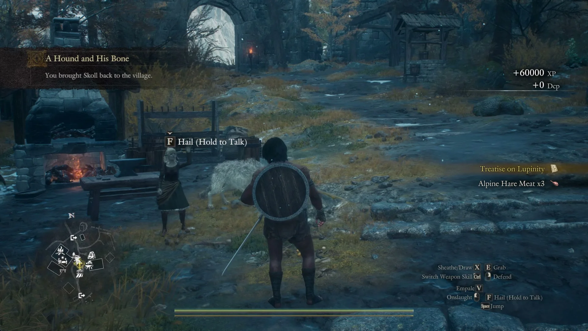Banner You brought Skoll back to the village with +60000 XP, Treatise on Lupinity and Alpine Hare Meat x3 at the right edge