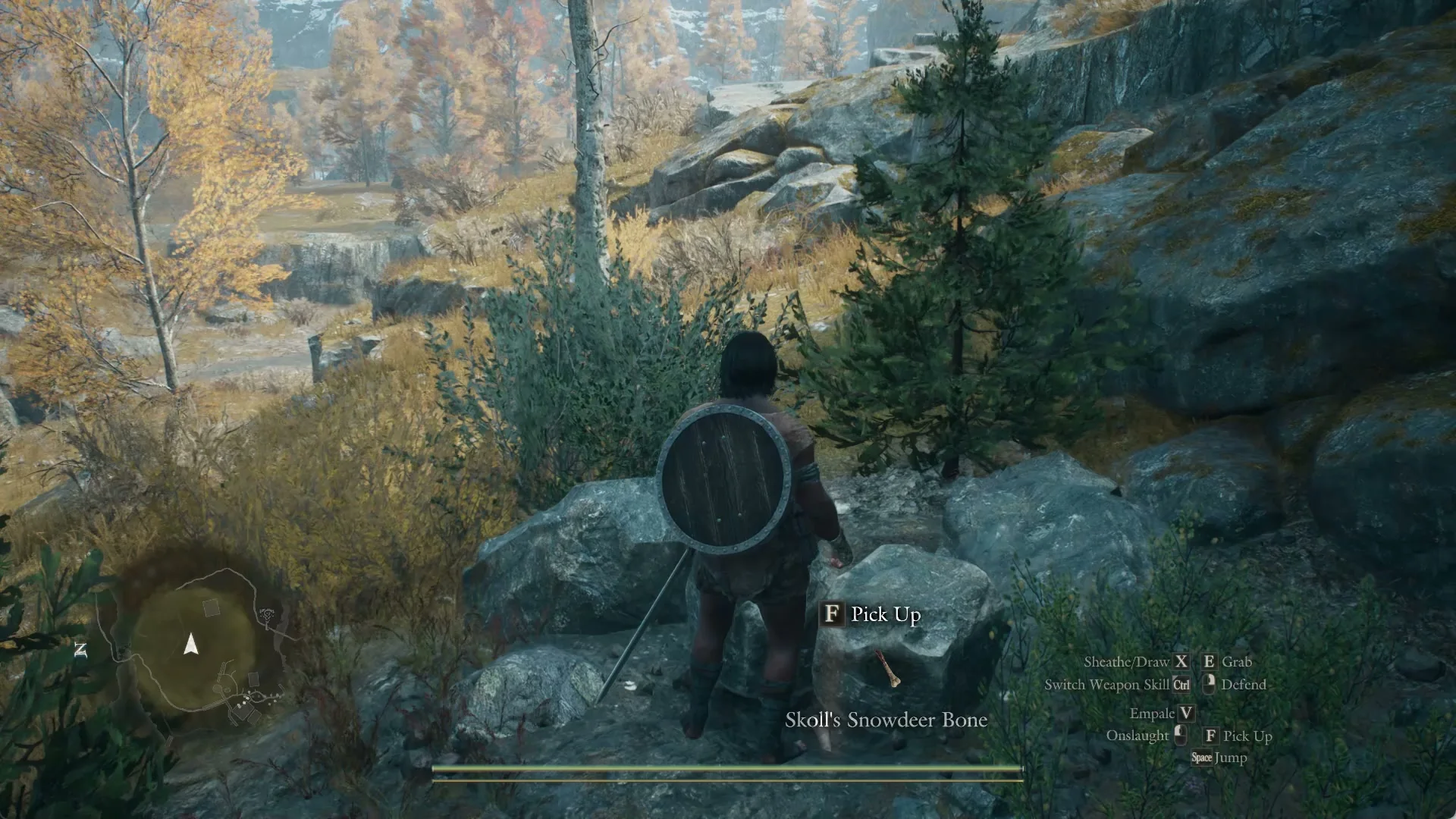Pick Up prompt for Skoll's Snowdeer Bone on bare rock beside squared grey stones, a young fir and mossy boulders behind