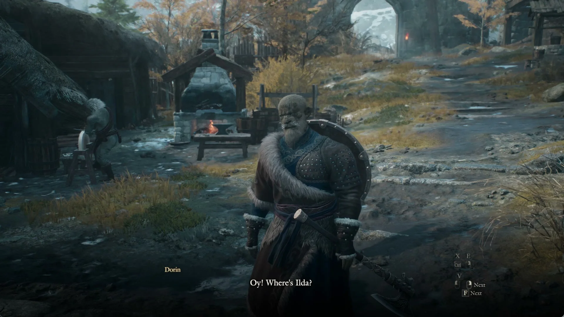 Dorin stands in the Norgandian Settlement in daylight with the forge behind him and asks where Ilda is