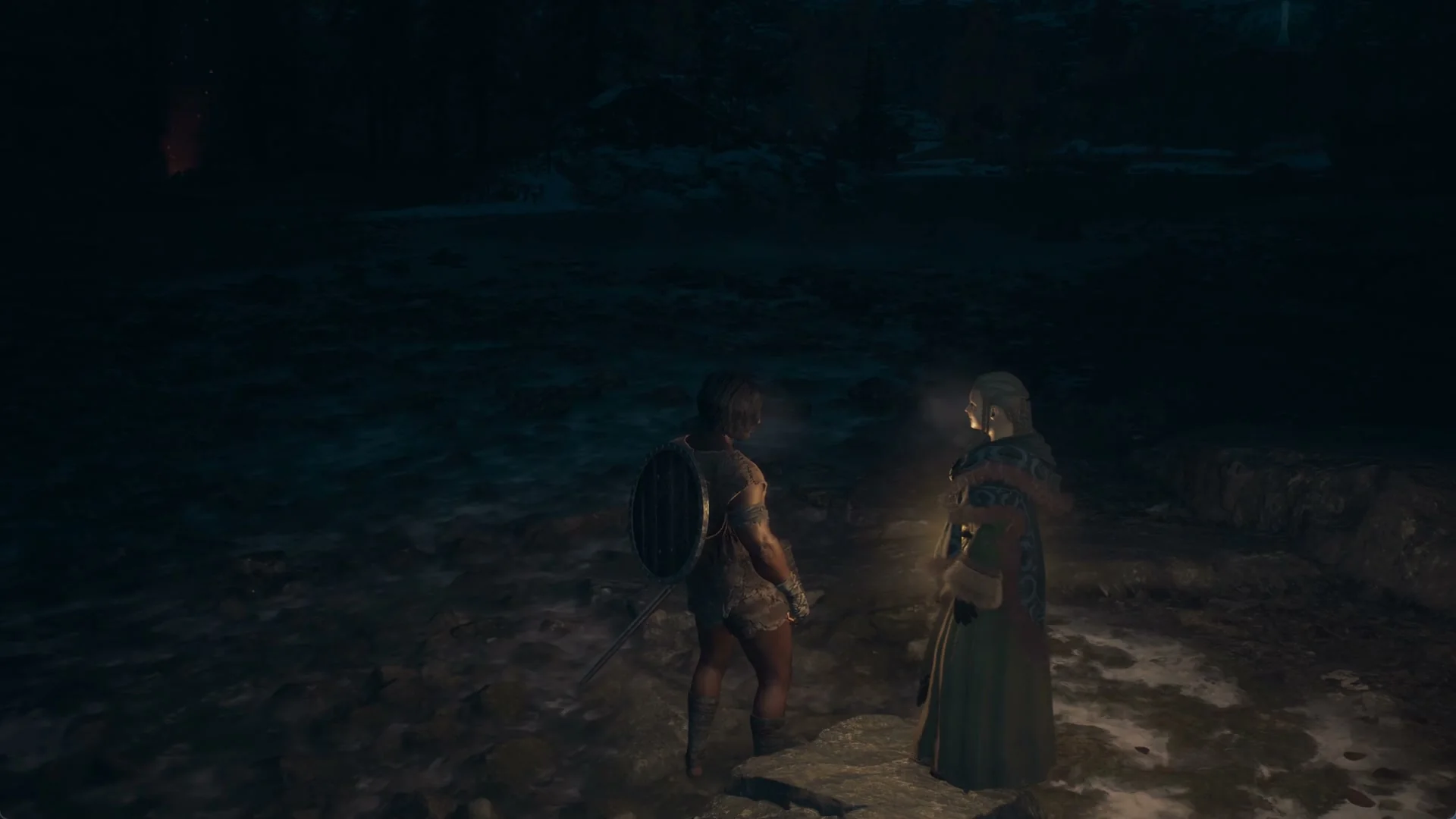 Ilda follows the Arisen across open ground at night, carrying a lantern