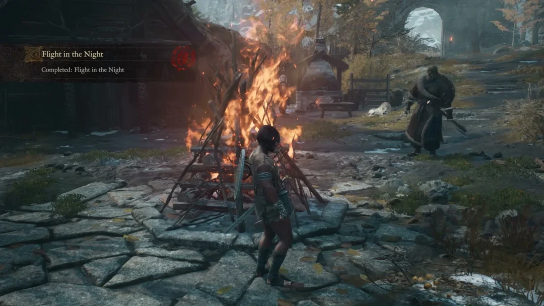 Banner Completed: Flight in the Night beside the bonfire in the Norgandian Settlement, Dorin standing by