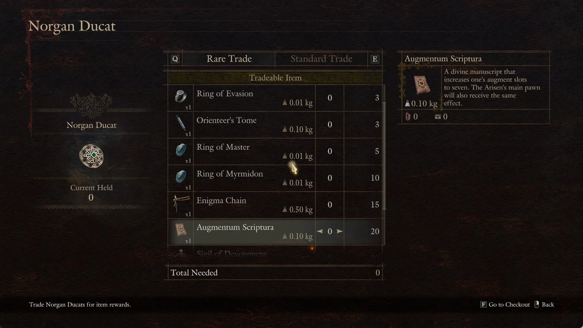 Augmentum Scriptura highlighted on the Rare Trade tab with its description: a divine manuscript that increases augment slots to seven, the main pawn receiving the same effect