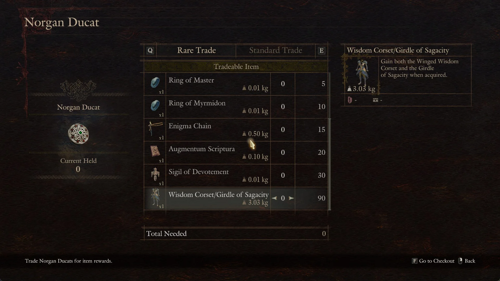 Rare Trade list scrolled to the end: Augmentum Scriptura 20, Sigil of Devotement 30 and Wisdom Corset/Girdle of Sagacity 90