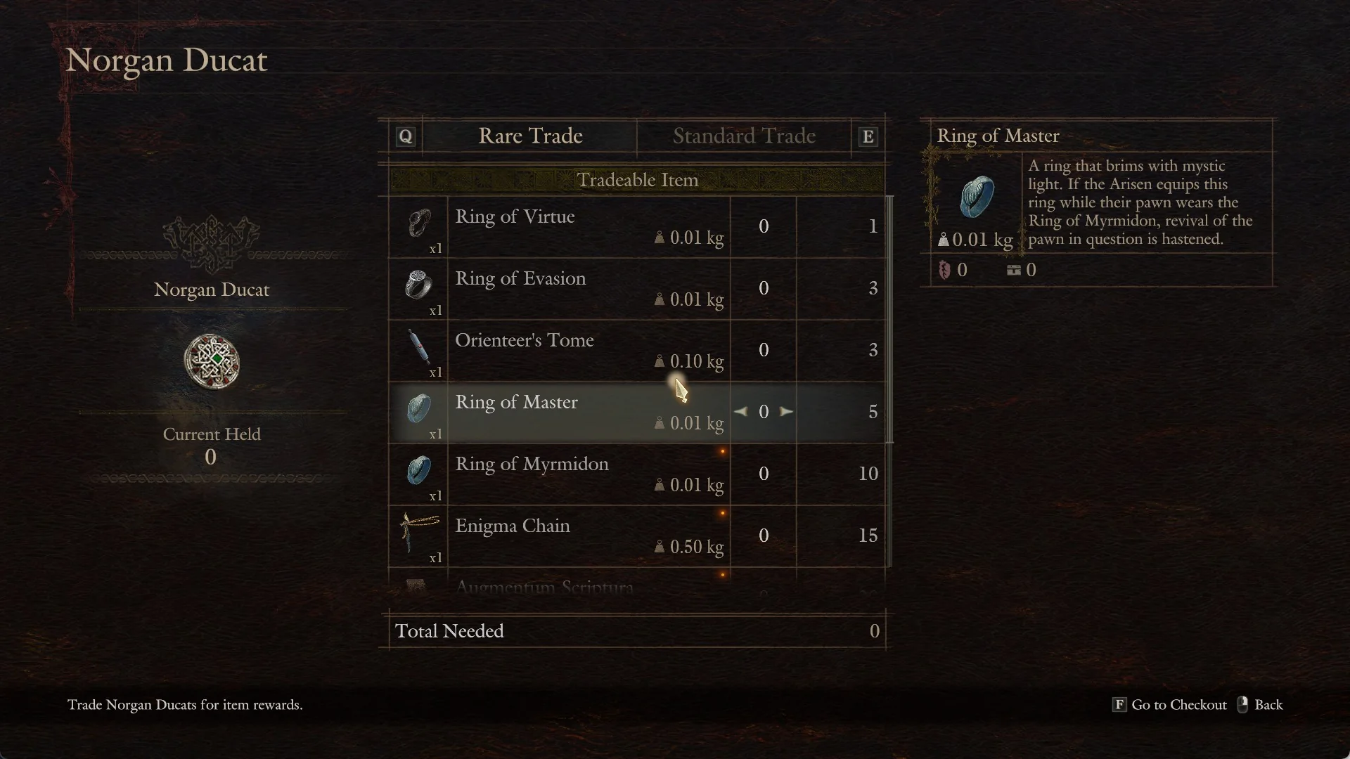 Ring of Master highlighted on the Rare Trade tab with its description about hastening the revival of a pawn wearing the Ring of Myrmidon