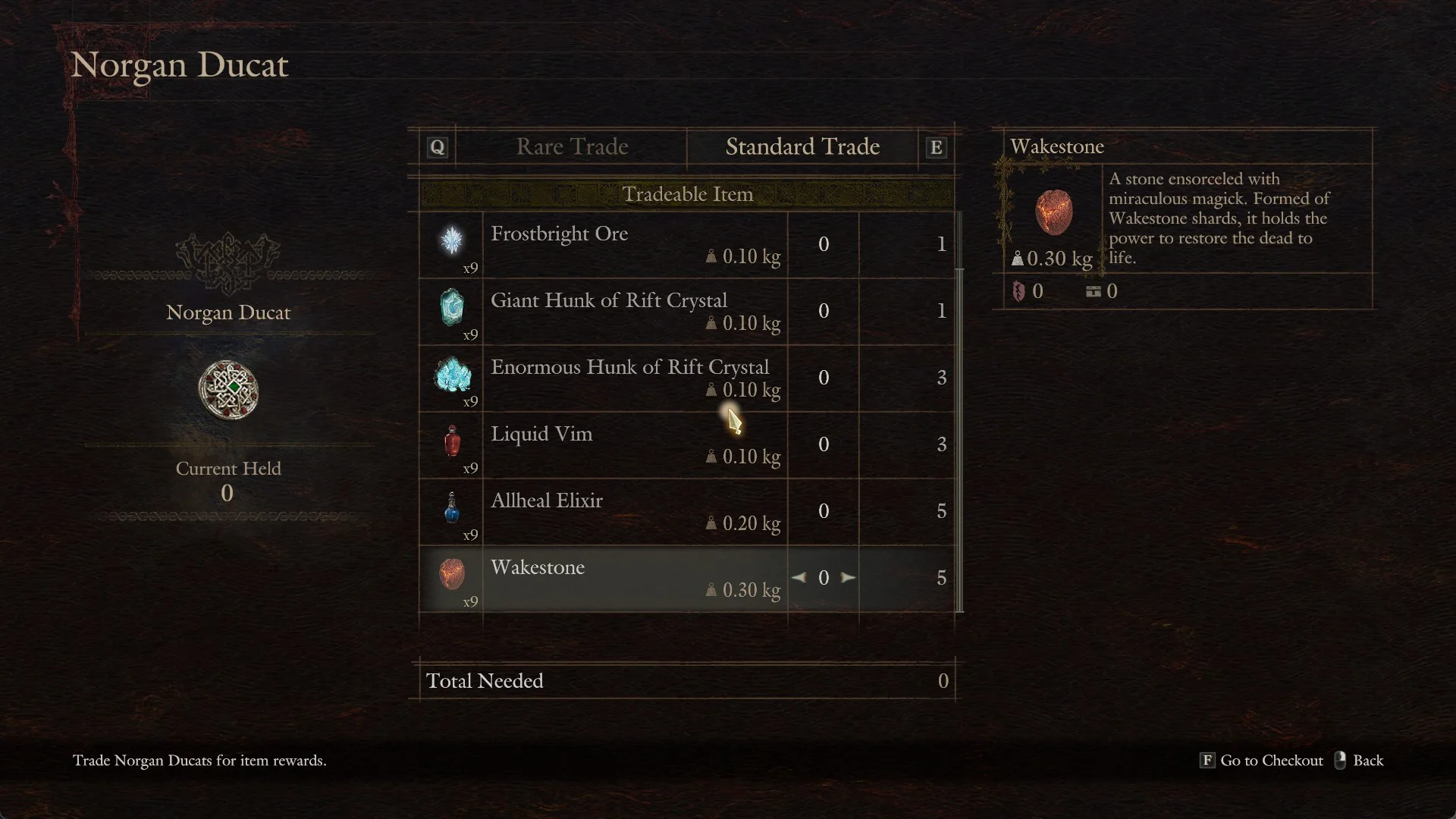 Norgan Ducat screen on the Standard Trade tab listing Frostbright Ore 1, Giant Hunk of Rift Crystal 1, Enormous Hunk of Rift Crystal 3, Liquid Vim 3, Allheal Elixir 5 and Wakestone 5