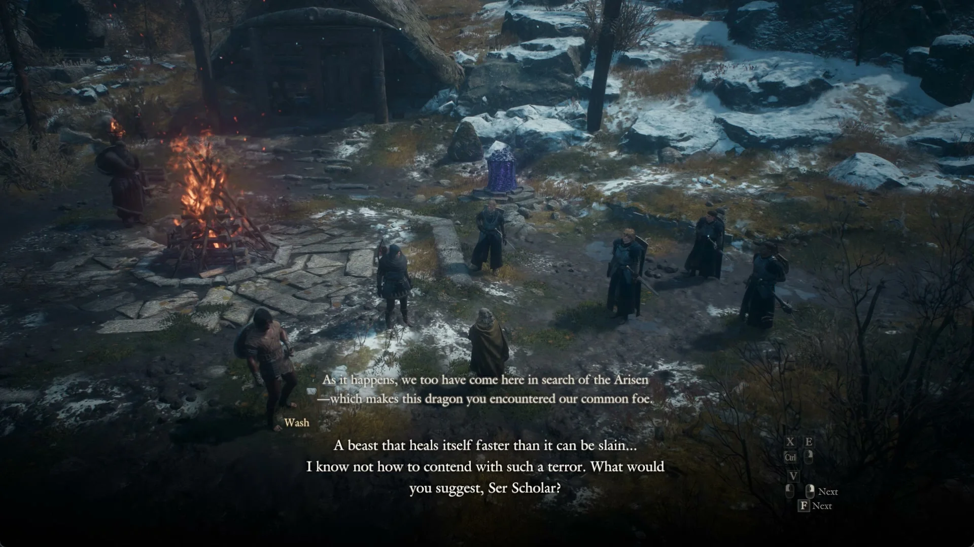Seen from above, Dorin faces a party of soldiers and a scholar beside the settlement bonfire while Wash speaks