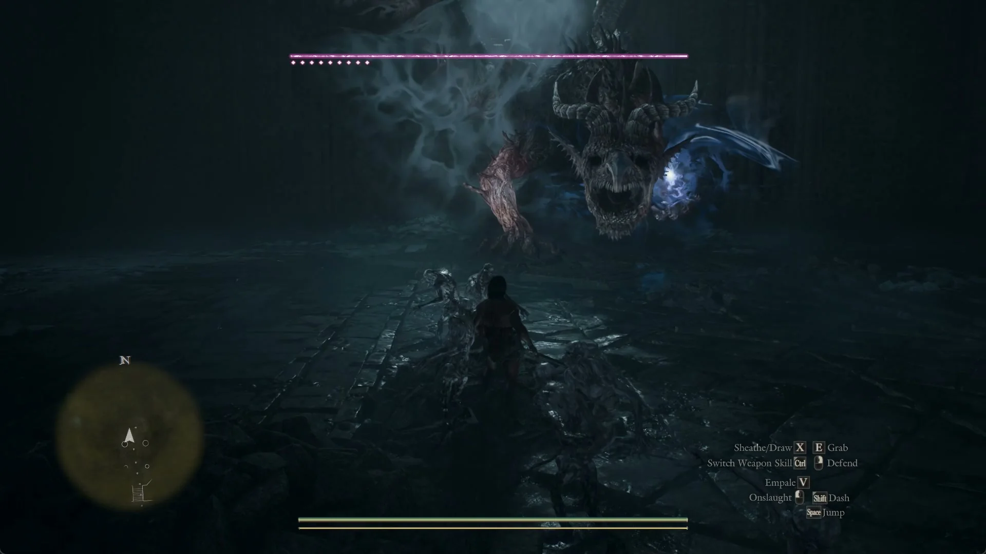 The dragon rears in the dark hall with swirling blue light gathering at its claw