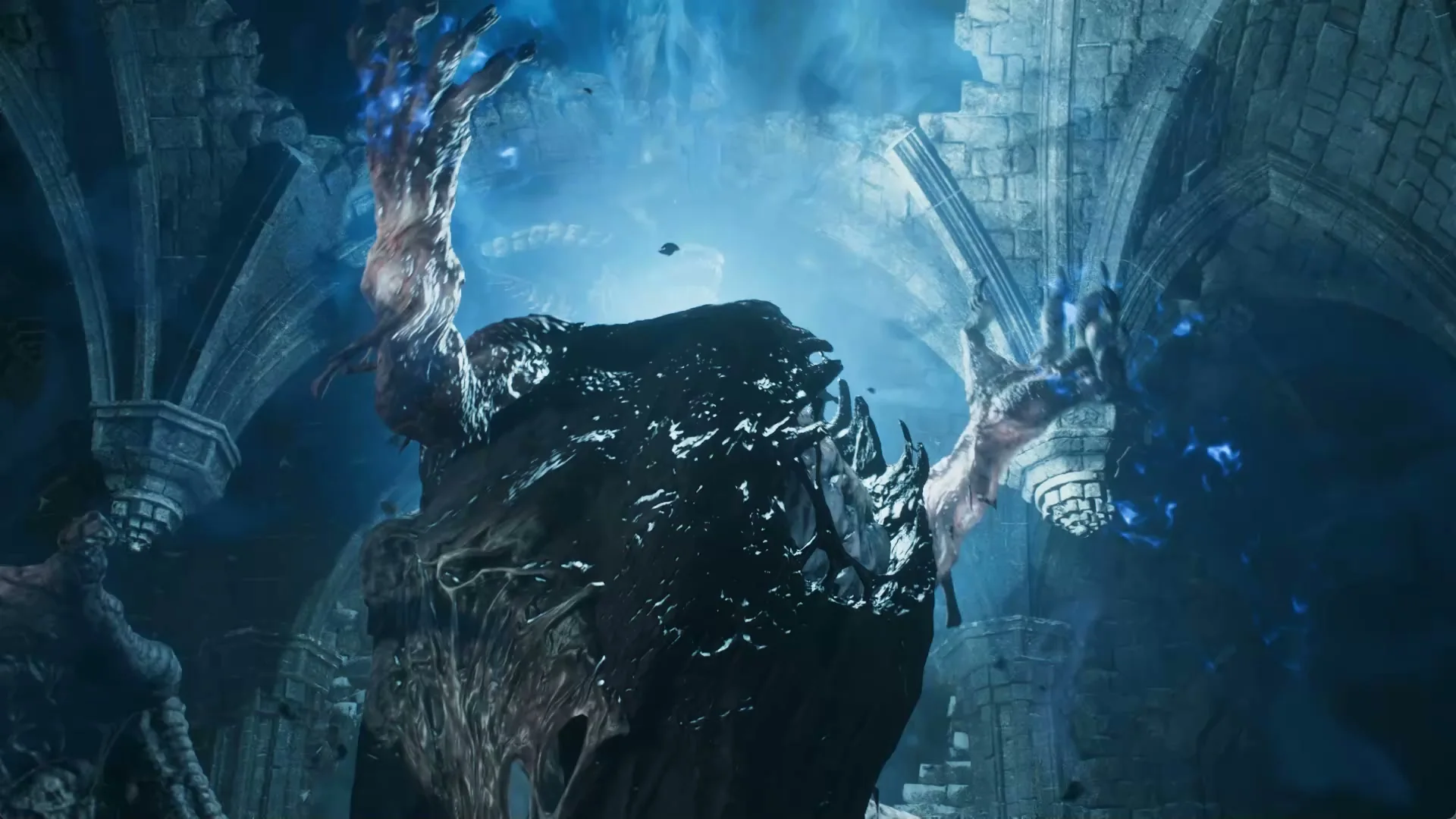 The dragon rises under the broken vaults of the hall, lit blue from above, with blue flame at its claws