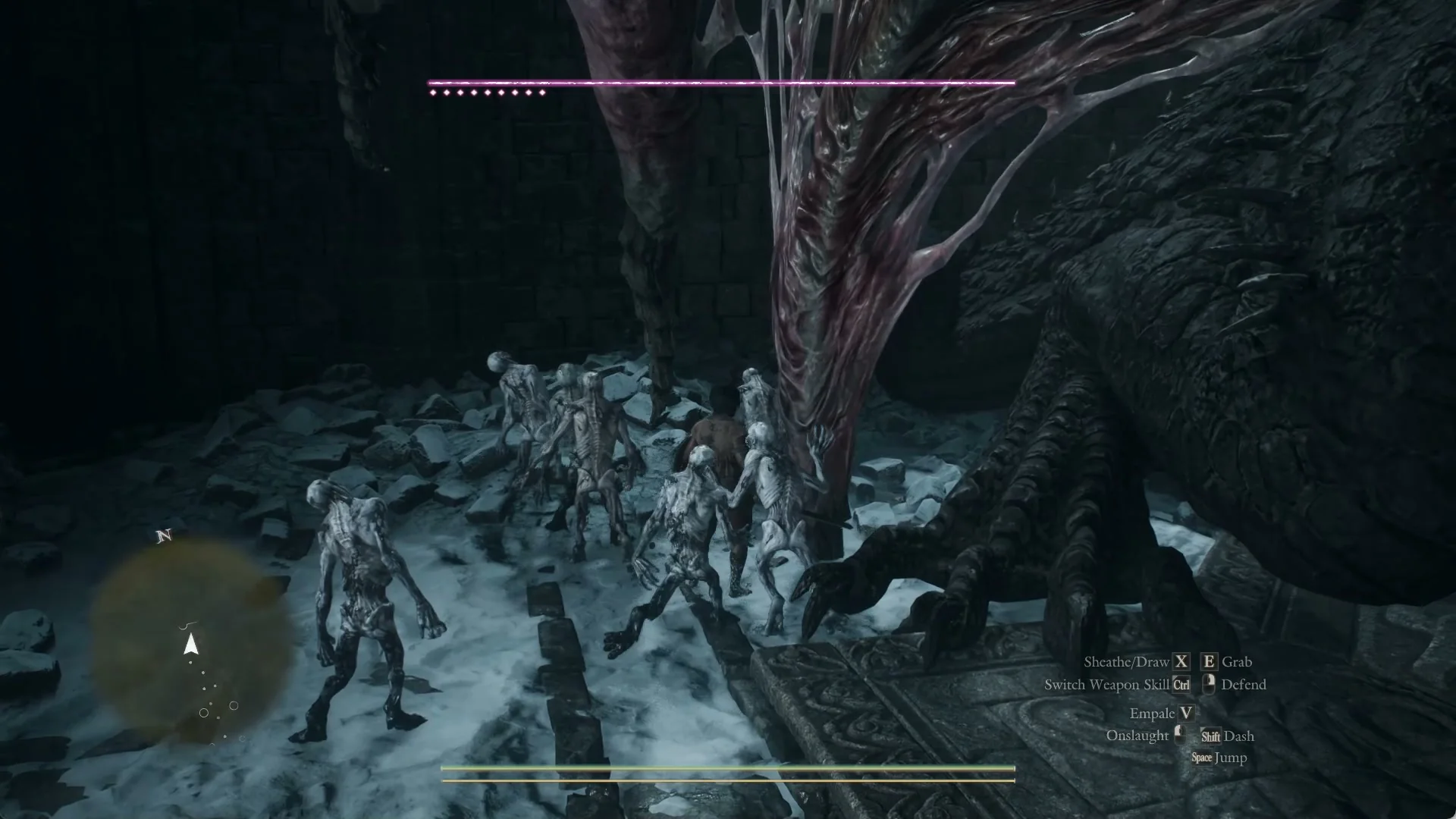 A crowd of pale ghouls closes around the Arisen beside the dragon's leg on the snowy hall floor