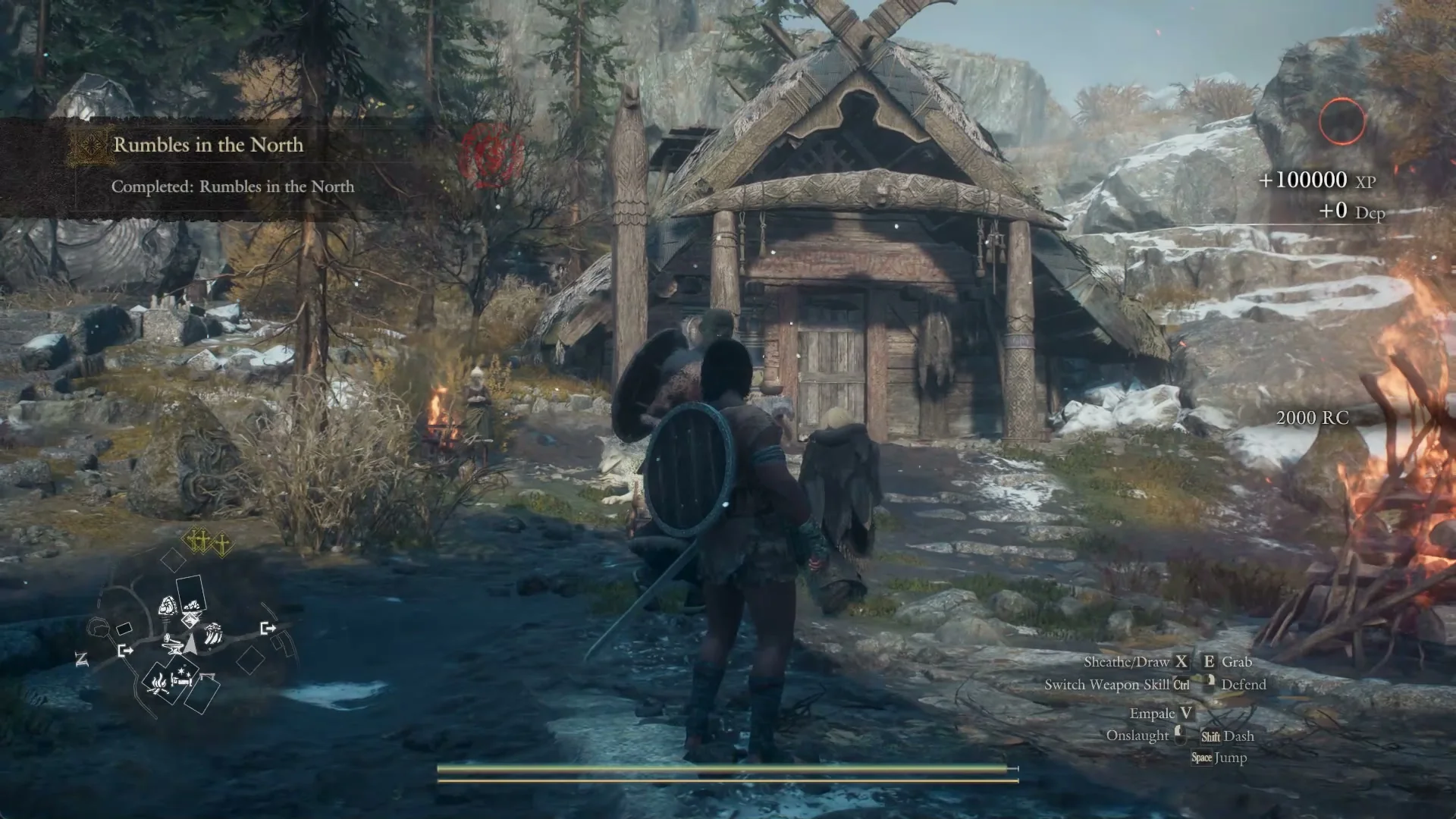 Banner Completed: Rumbles in the North in front of a wooden hall in the Norgandian Settlement, with +100000 XP and 2000 RC at the right edge