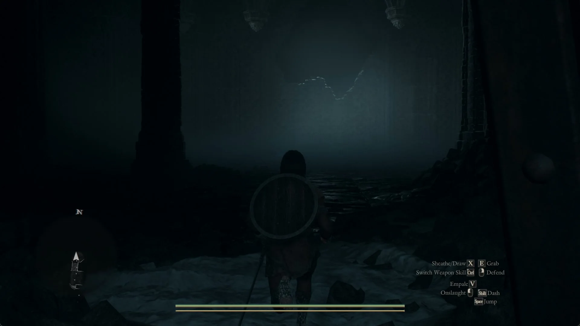 The Arisen stands in the dark doorway of the Mountain Stronghold hall, with a pale gap in the roof ahead