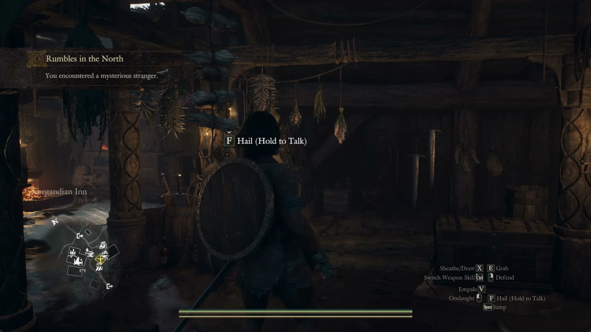 Inside the Norgandian Inn, the quest line You encountered a mysterious stranger is on screen with a Hail (Hold to Talk) prompt