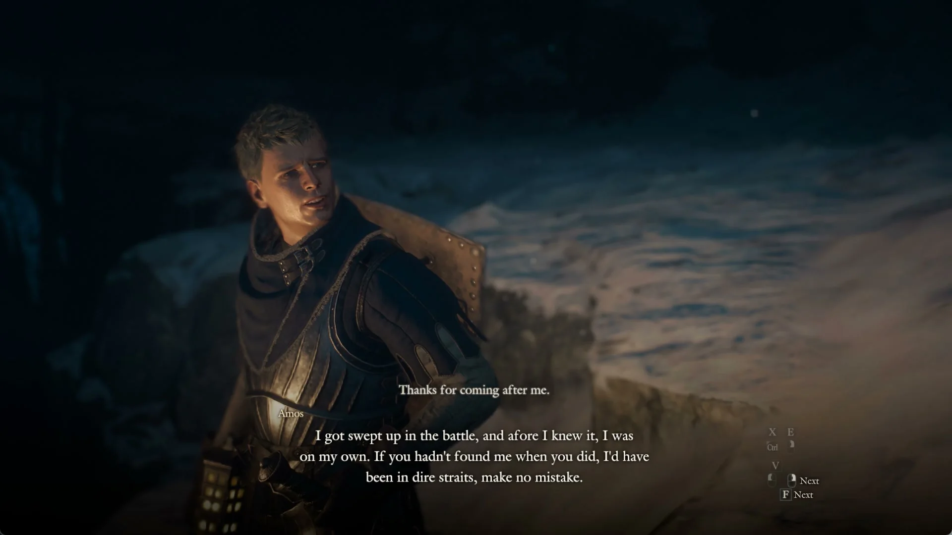 Amos, a young soldier, thanks the Arisen in the snow at night