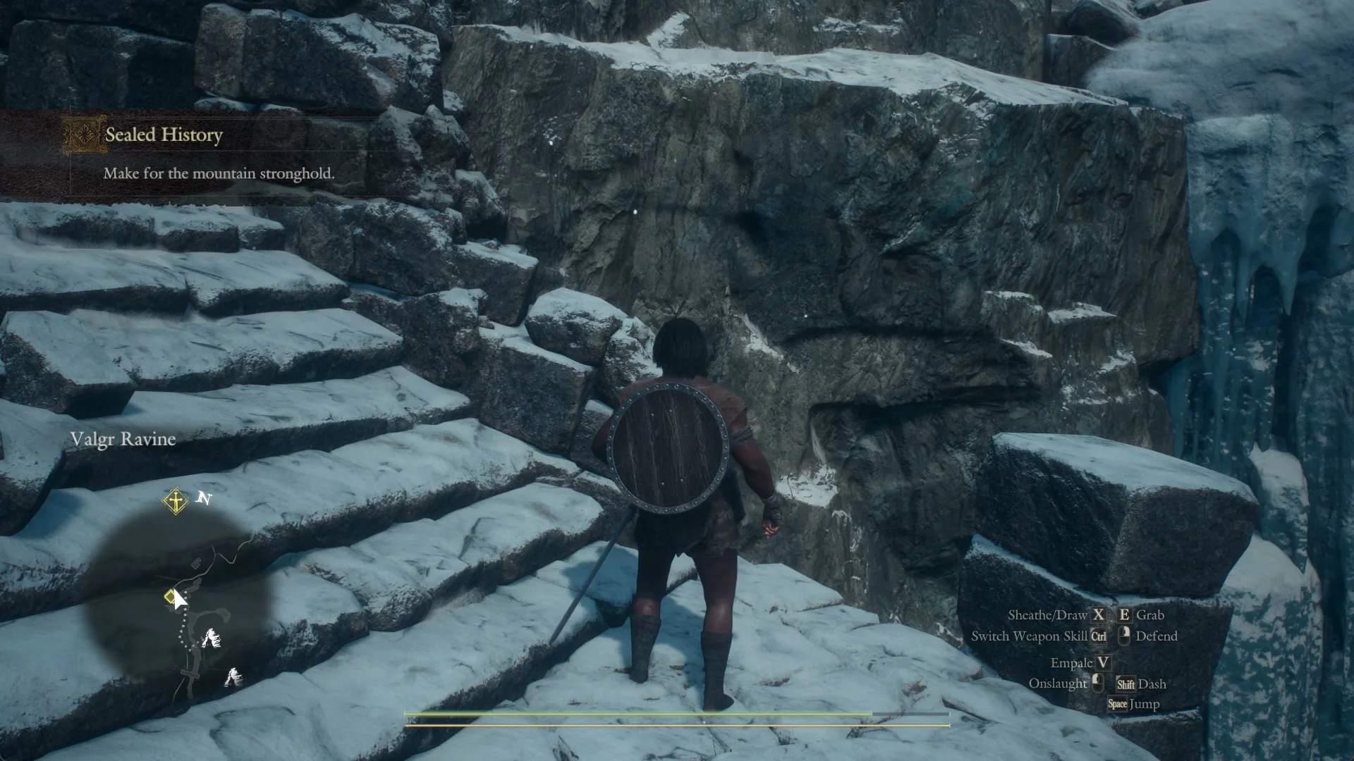 Quest line Sealed History: Make for the mountain stronghold, with the Arisen on snow-covered stone steps beside a frozen waterfall in Valgr Ravine