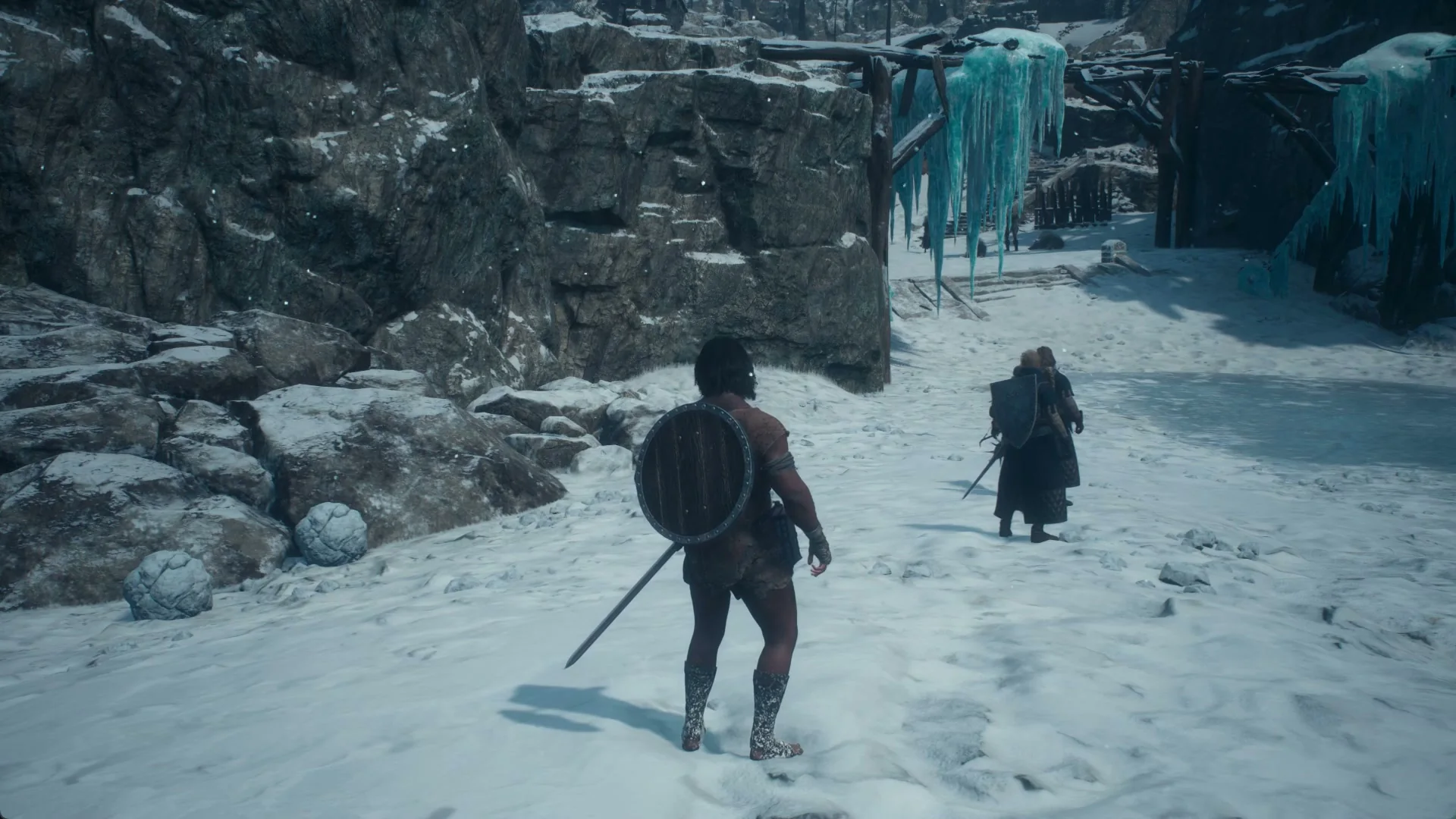 The Arisen follows a commission soldier across snow toward wooden frames hung with turquoise icicles