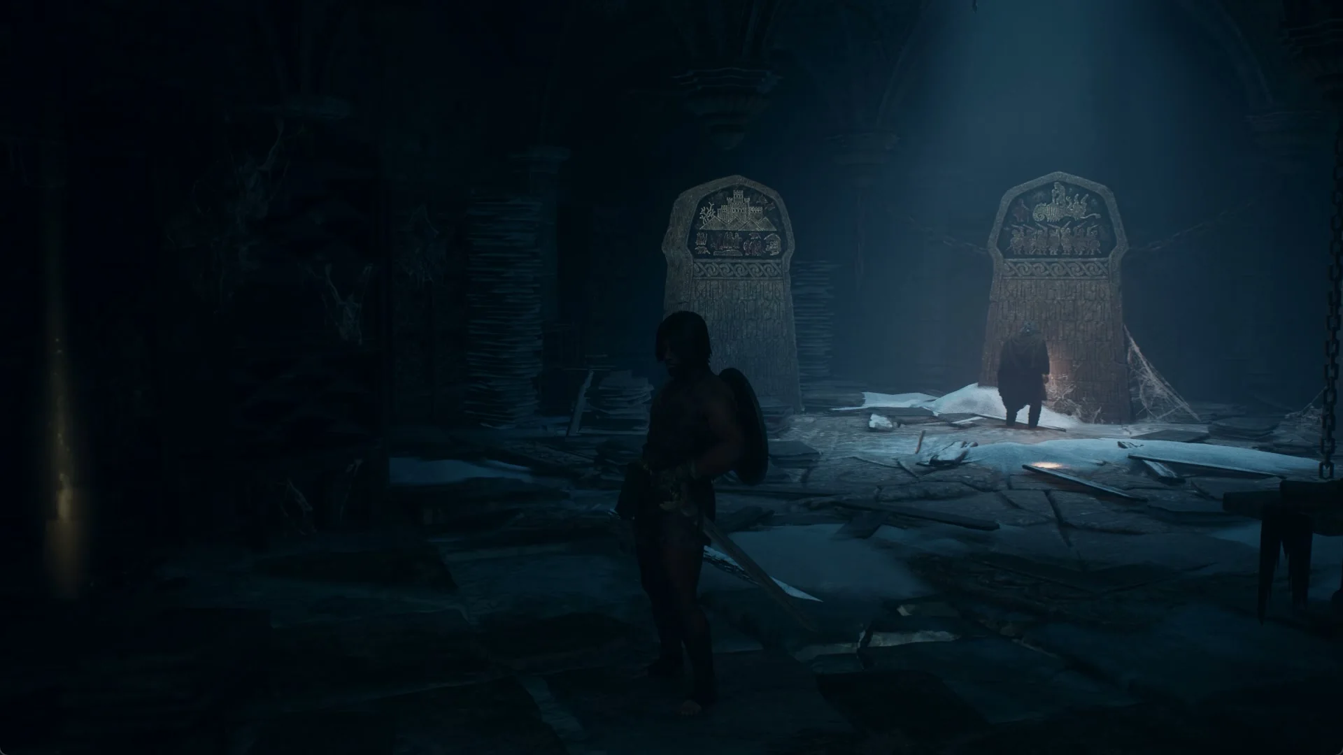 The Arisen in the dark round chamber of the Sealed Study, facing tall carved stone tablets lit from above