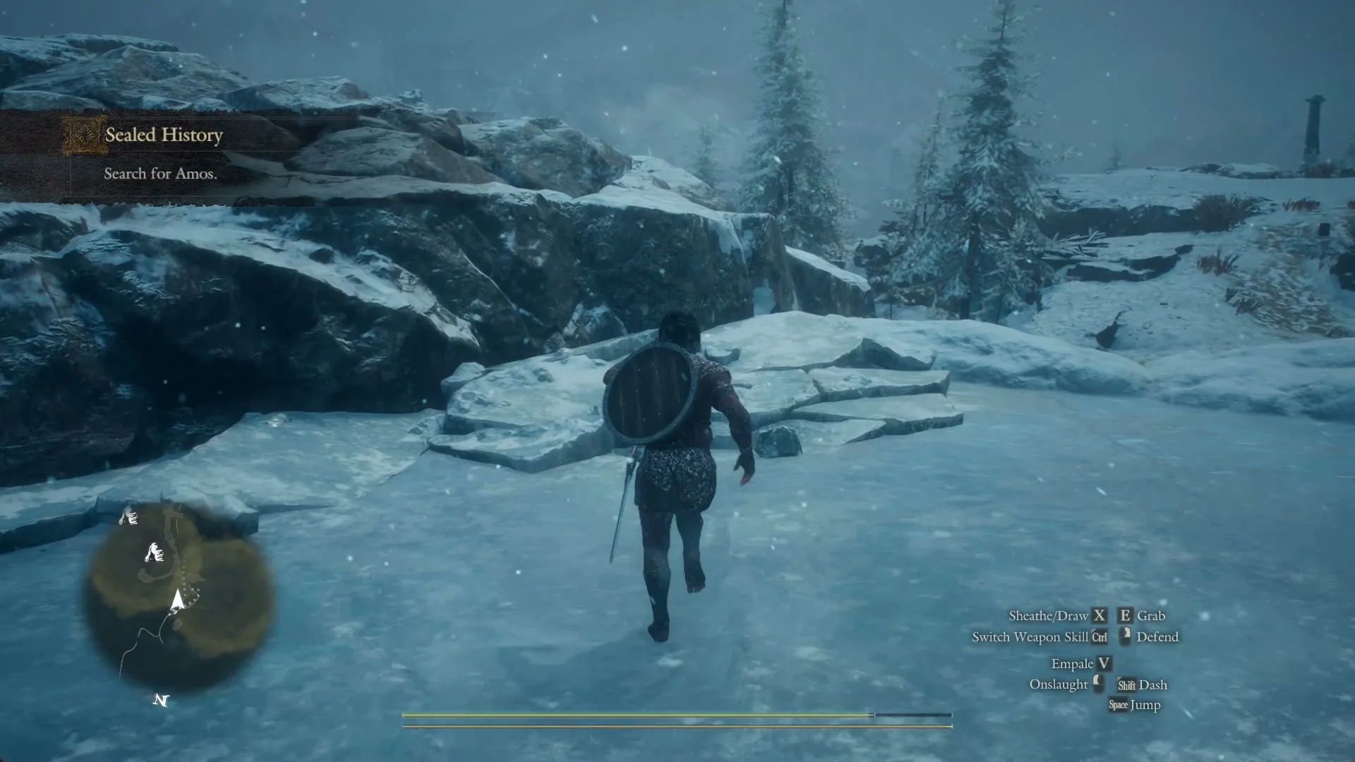Quest line Sealed History: Search for Amos, as the Arisen runs across the frozen river