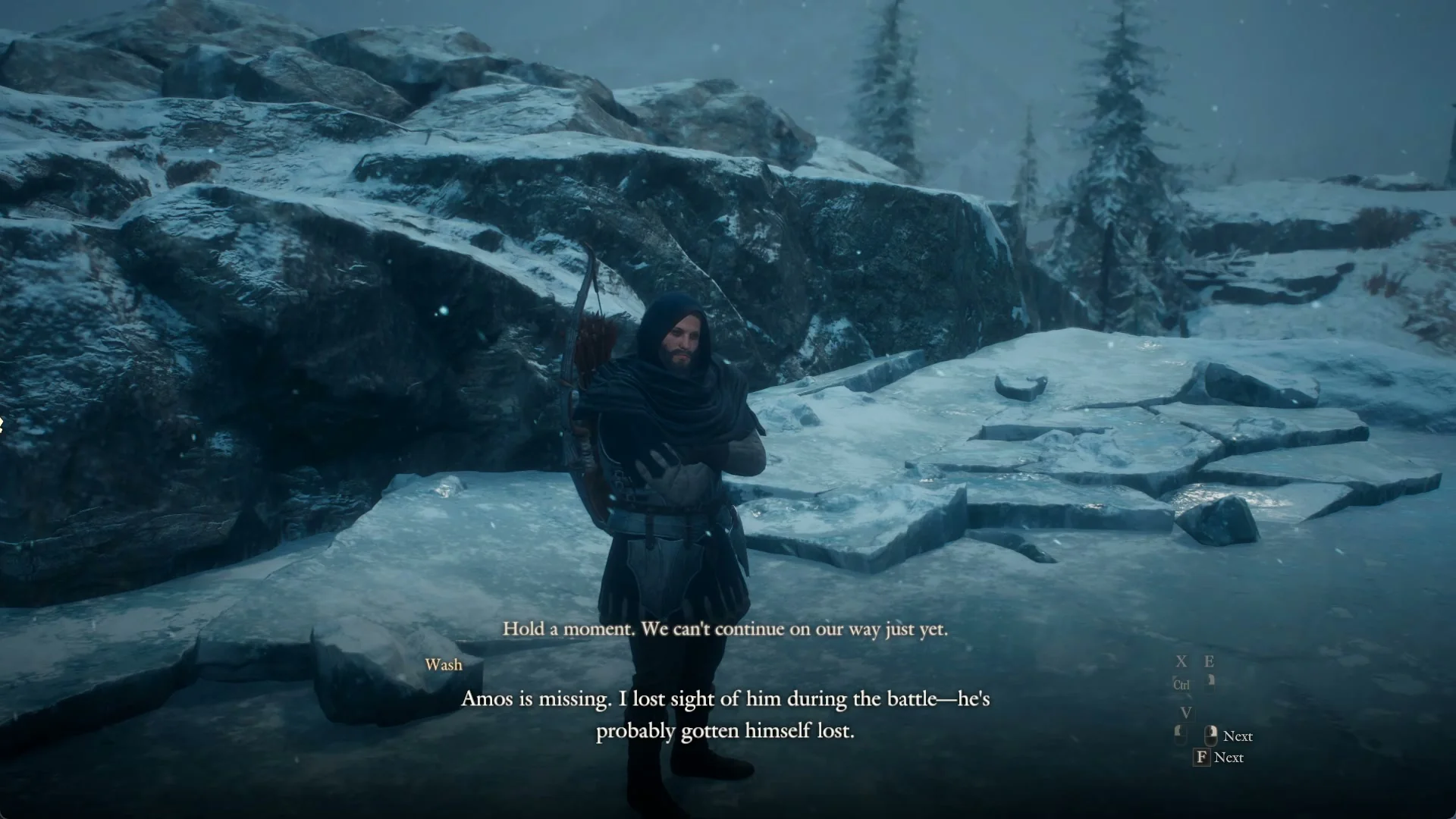 Wash stands on the frozen river and says Amos is missing after the battle