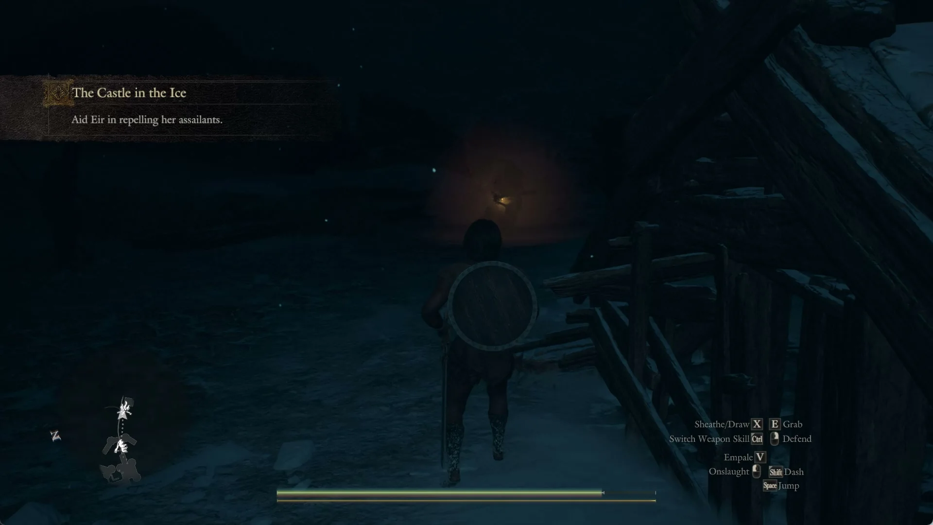 Objective Aid Eir in repelling her assailants, shown beside a wooden shack with a lantern glow ahead