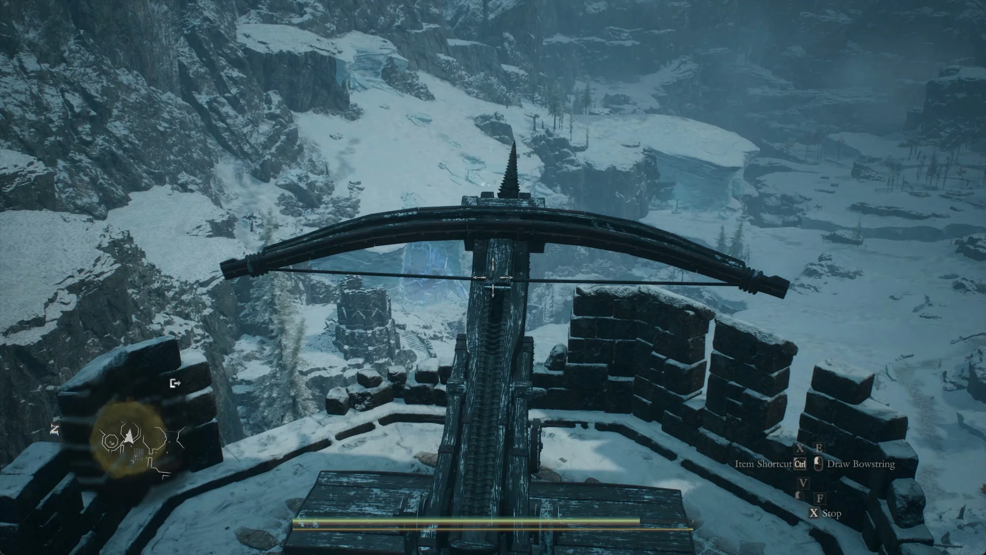 View along the ballista across the gorge with the reticle on the blue glow of the ice wall, Draw Bowstring and Stop in the control hints