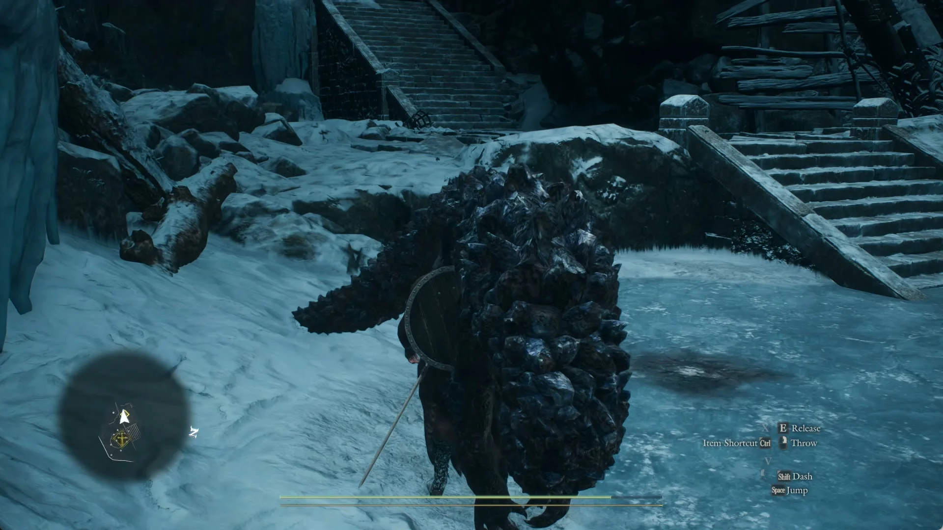 The Arisen carries a dead scaly saurian over one shoulder below the altar stairs, with Release and Throw in the control hints