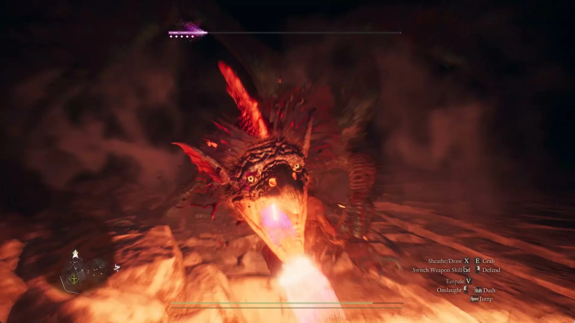 The gagana, a feathered firebird with a glowing throat, breathes a stream of flame toward the camera, its health bar at the top