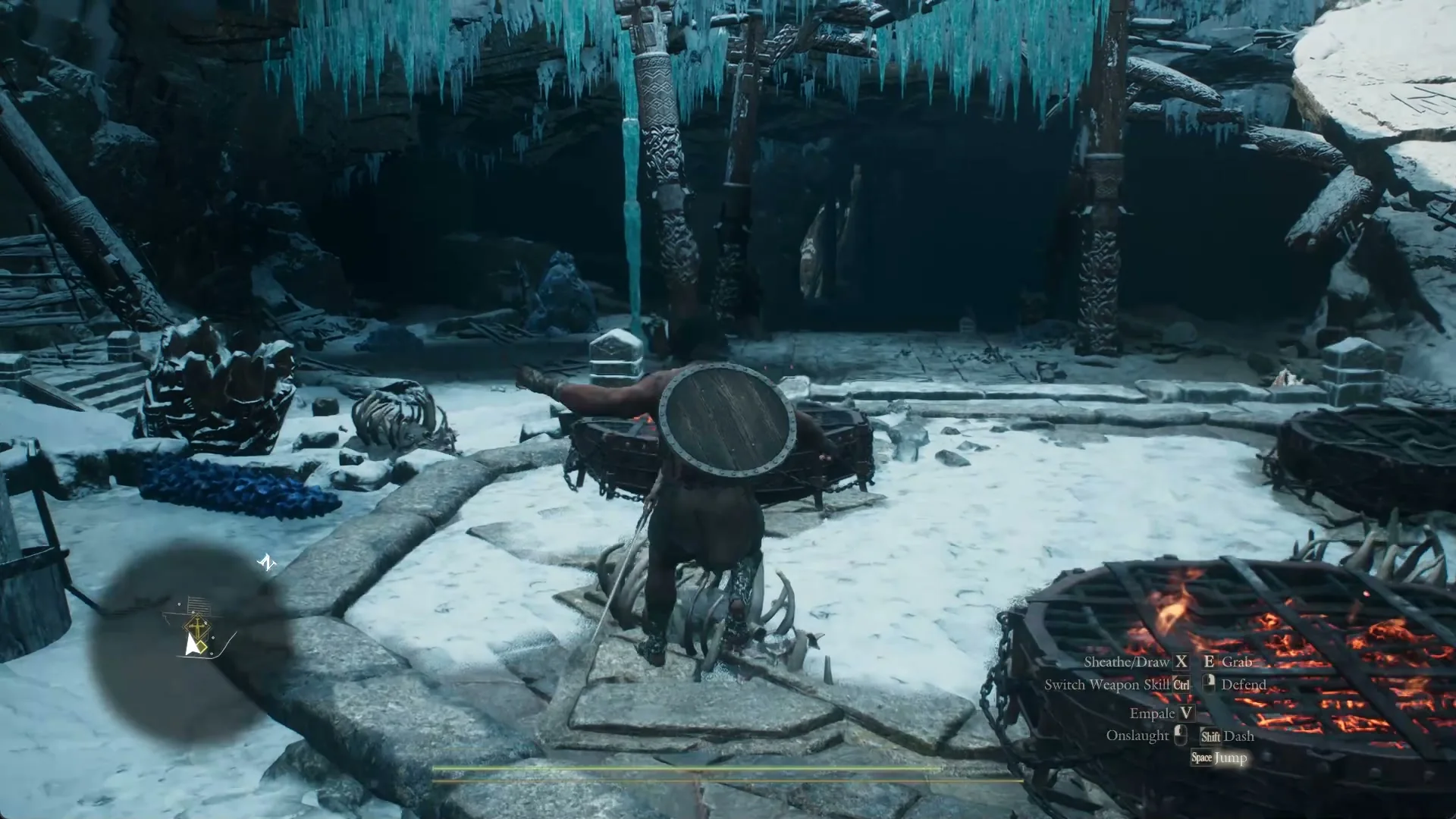 The round stone altar platform in Gagana's Grotto with three iron braziers and rib bones, under giant turquoise icicles