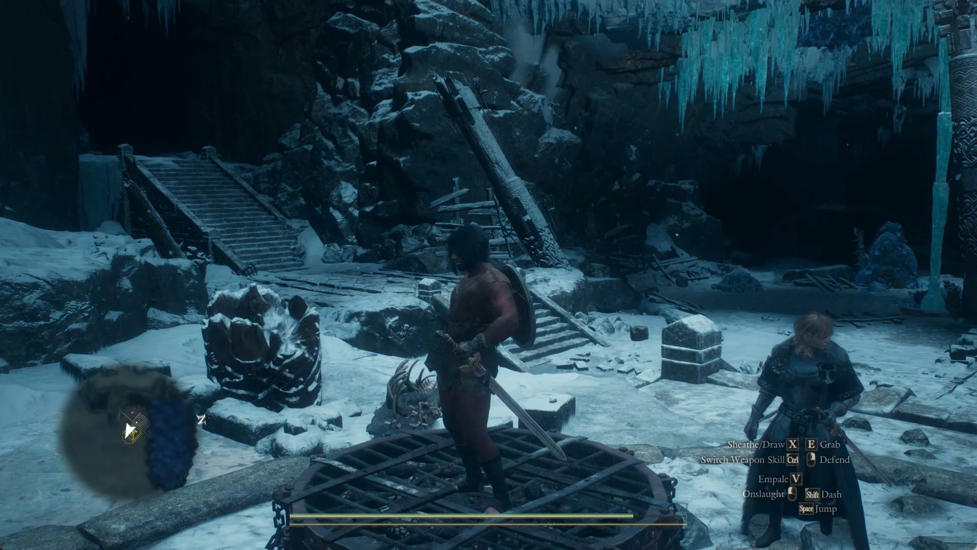 The Arisen stands on an iron brazier in a ruined court under giant turquoise icicles, with Eir beside the platform