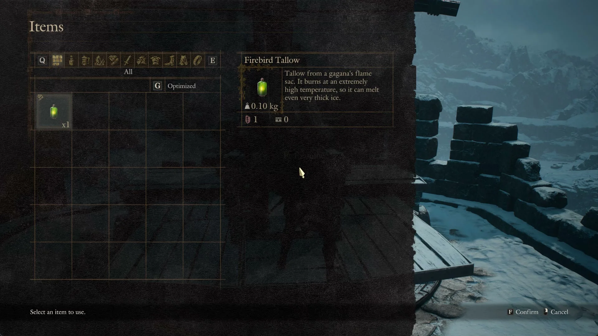 Items window with Select an item to use and Firebird Tallow highlighted with its description