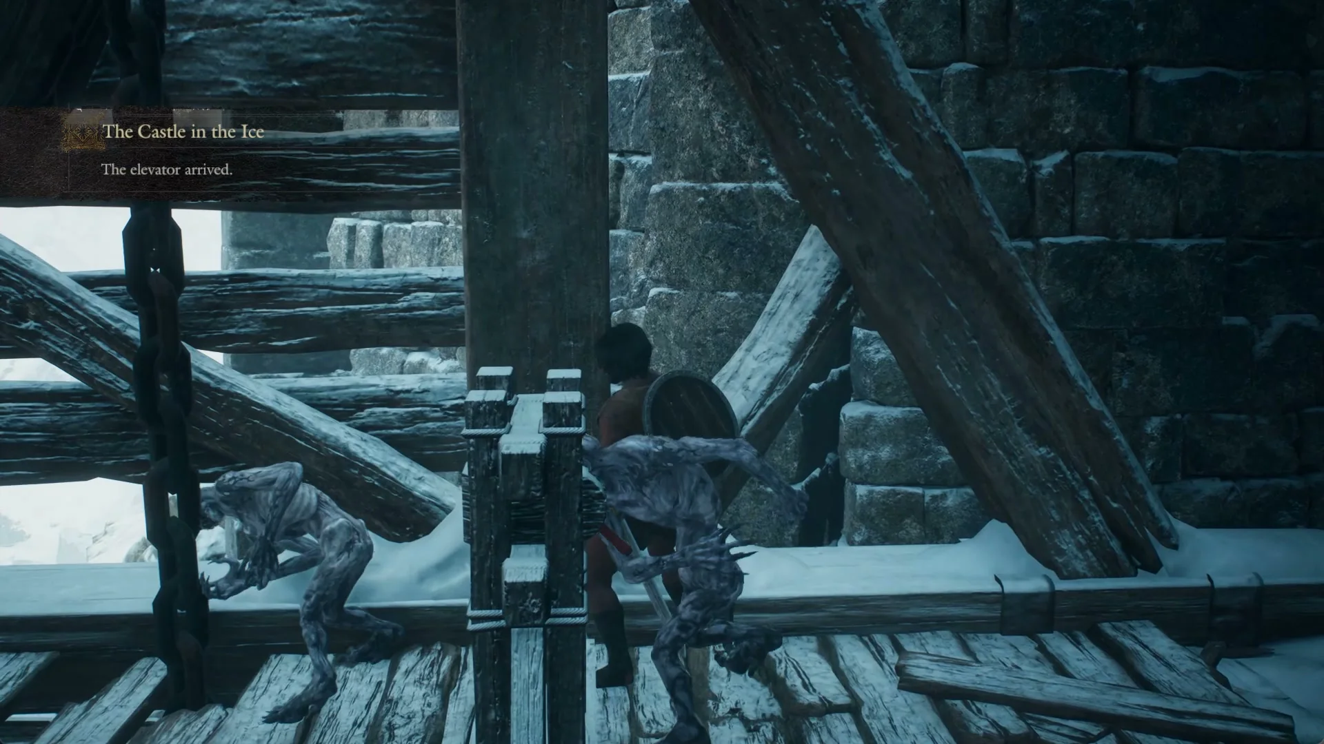 Quest banner The elevator arrived while two ghouls attack the Arisen beside the winch post