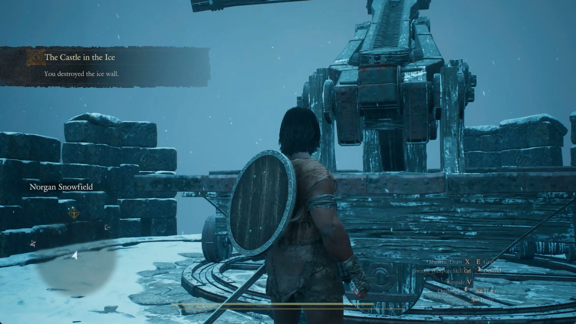 Quest banner The Castle in the Ice: You destroyed the ice wall, with the Arisen standing at the ballista on the battlements