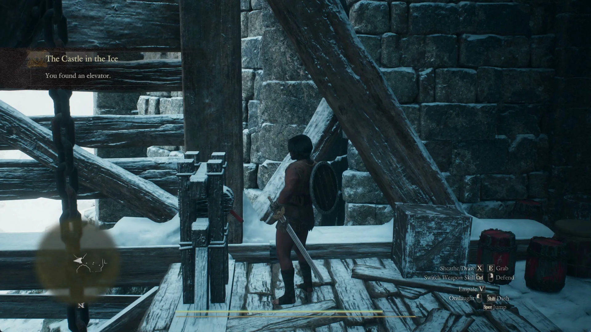 Quest banner The Castle in the Ice: You found an elevator, with the Arisen at the winch post in the timber winch house