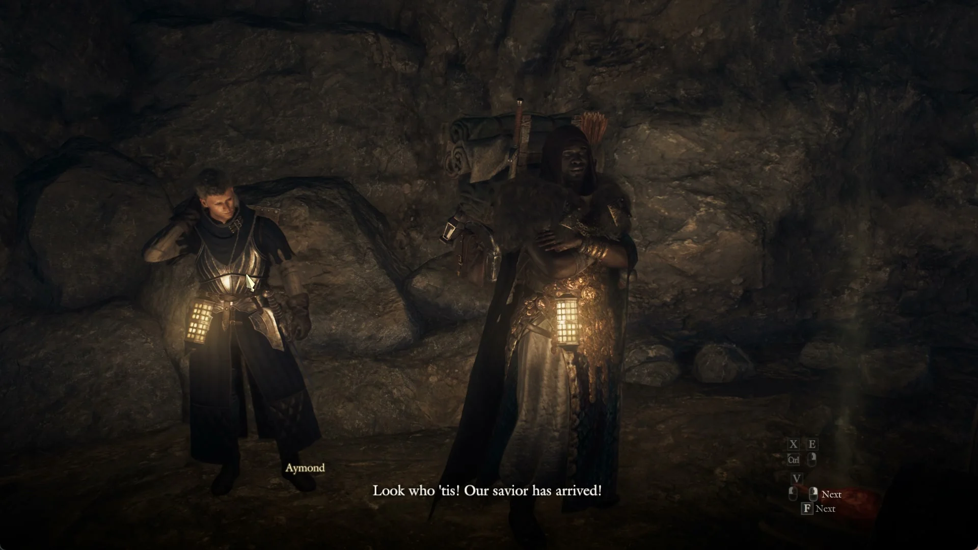 Amos and the hooded merchant Aymond stand side by side with lanterns in the Northwall Campground cave